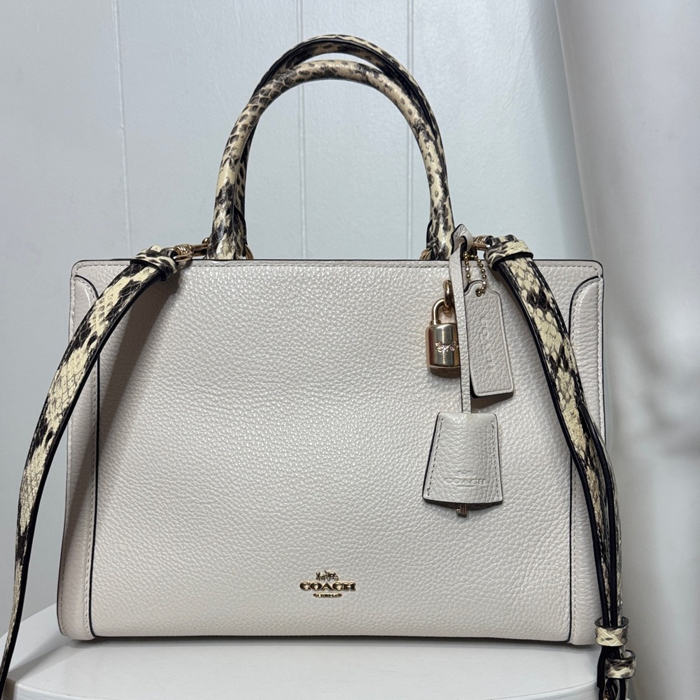 Coach satchel chalk white snake print accent tote purse NWOT